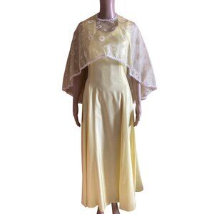 1960s Polyester Handmade Yellow Maxi Dress Sheer Floral Overlay Sz S Cottagecore